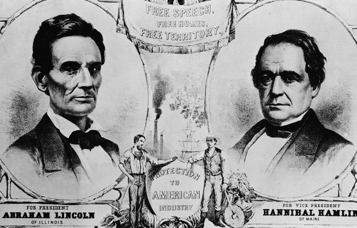 Black and white campaign poster of Abraham Lincoln and Hannibal Hamlin for president and vice president.