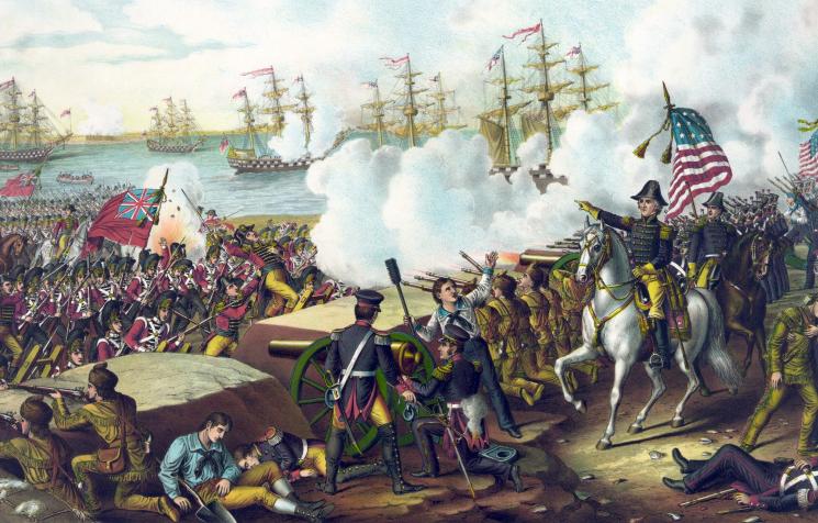 A battle in front of the water. There are ships on the water.
