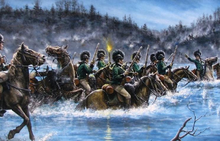 Soldiers crossing across the water.