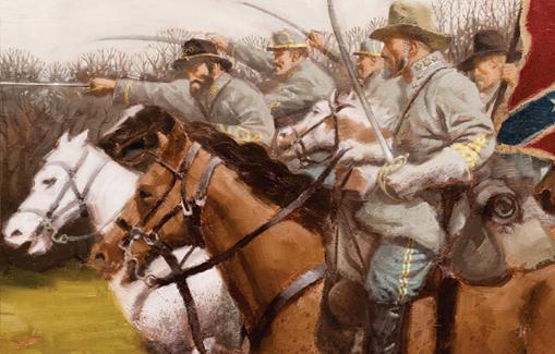 Confederate soldiers riding horses and carrying a flag.