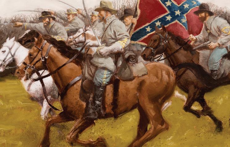 Confederate soldiers riding horses and carrying a flag.