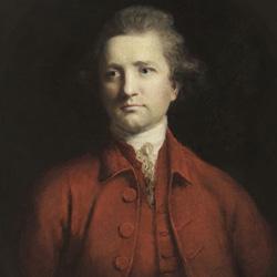 Portrait of a man in a red coat with a white lace cravat, facing slightly to the right against a dark background.
