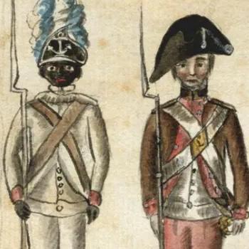 Two Revolutionary War soldiers in uniform stand side by side, each holding a long spear or musket.