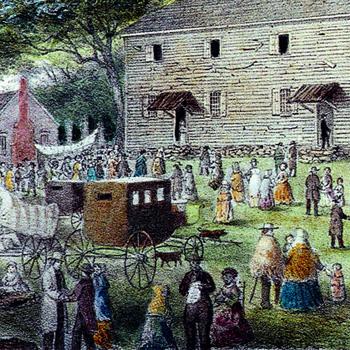 Colorful scene of people and wagons gathering outside a large wooden building surrounded by trees.