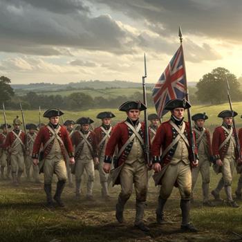 A group of soldiers in red coats march across a grassy field, carrying a British flag under a cloudy sky.