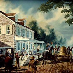 Colonial-era scene with people, horses, and a large bell outside a stone house under leafy trees.