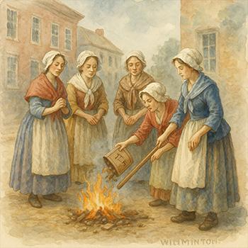 Five women in colonial dress gather around an outdoor fire as one pours tea from a kettle onto the flames.