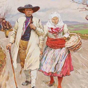 A man and woman in traditional clothing walk outdoors, the woman carrying a basket and the man holding a walking stick.