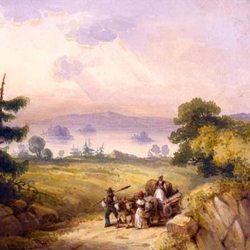 Painting of people with a cart on a country path, with trees and a distant lake under a cloudy sky.