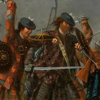 Three men in tartan kilts and hats wield swords and shields, engaged in battle.