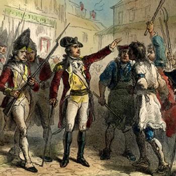 Colonial soldiers confront angry townspeople on a street in a historical illustration.
