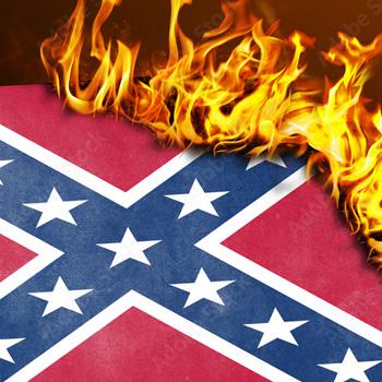Partially burning Confederate flag with flames across the top edge.