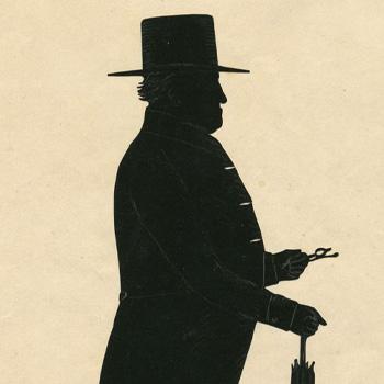 Silhouette of a man in a top hat holding spectacles and an umbrella, facing sideways.