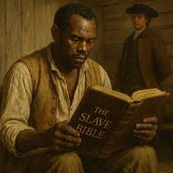 A Black man in historical clothing reads a book titled The Slave Bible with another man standing behind him.