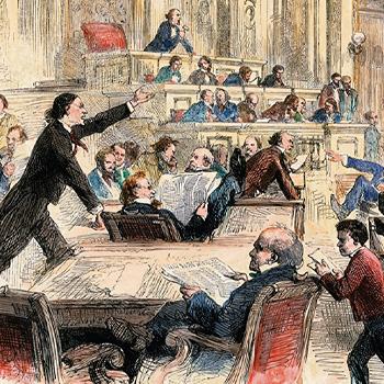 A lively 19th-century courtroom scene with people arguing and gesturing passionately.