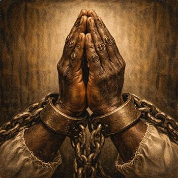 Two dark-skinned hands in prayer position are shackled with heavy metal chains and cuffs.