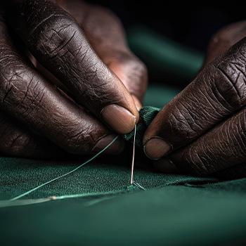 Close-up of hands sewing green fabric with a needle and thread.